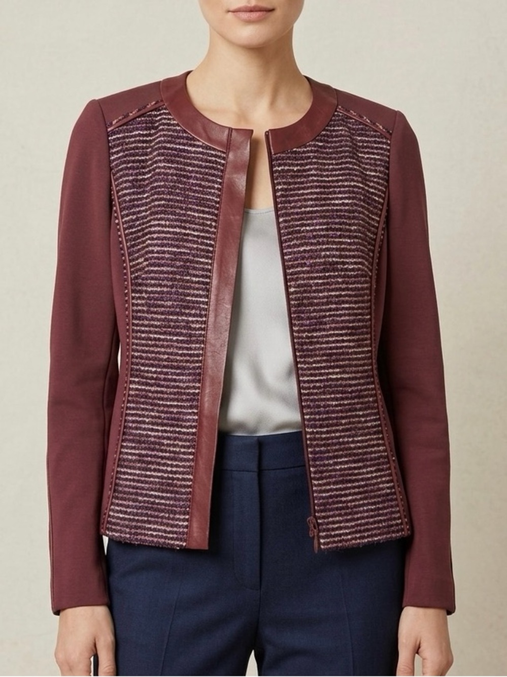 LAFAYETTE 148 NEW YORK Drina Mixed Media Tweed Leather Trim Jacket Size 10